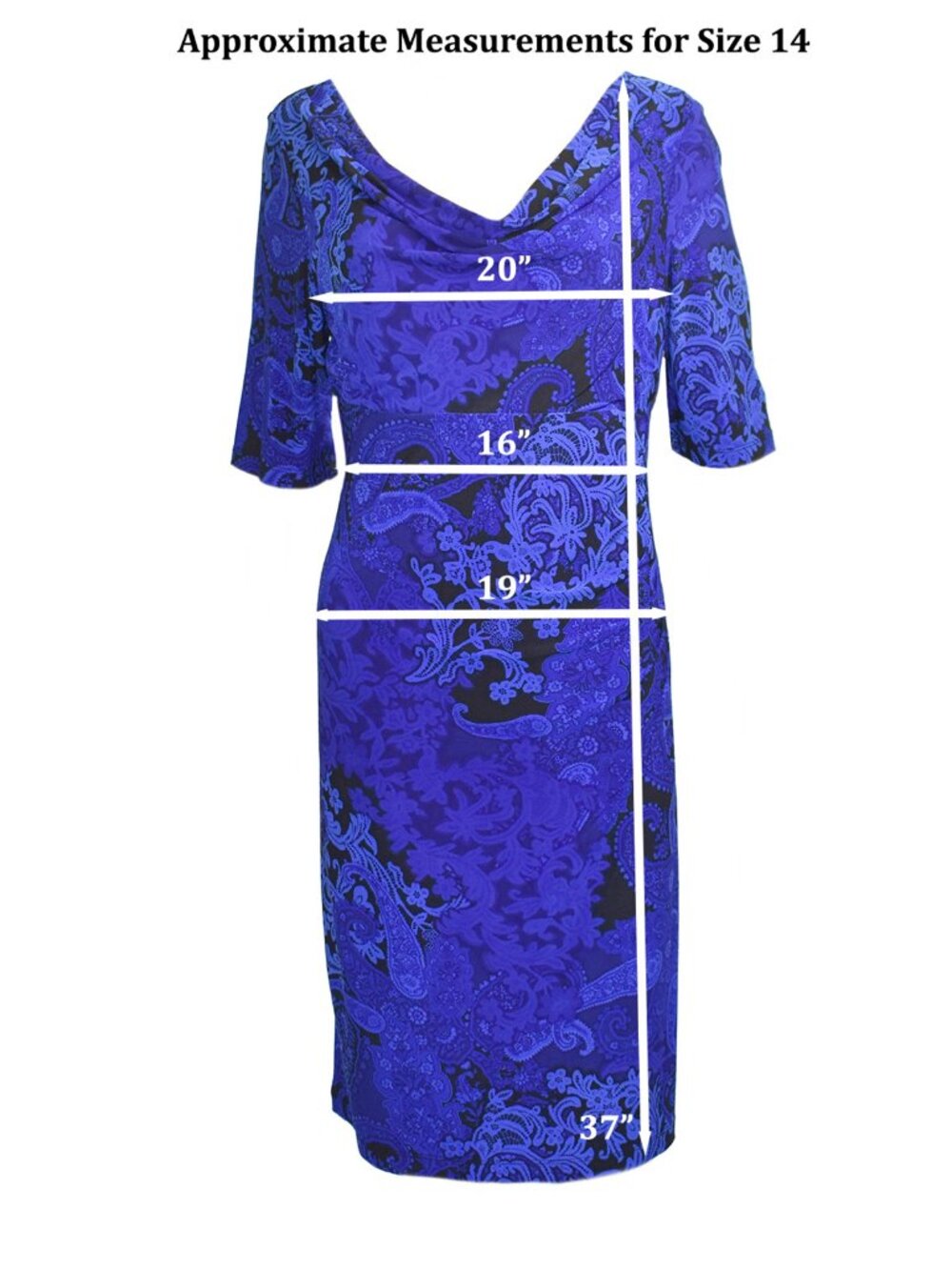 Anne Klein Dress Stretch Cowl Neckline ¾ Sleeve Blue Paisley Lace Print Size 14 - Picture 7 of 7